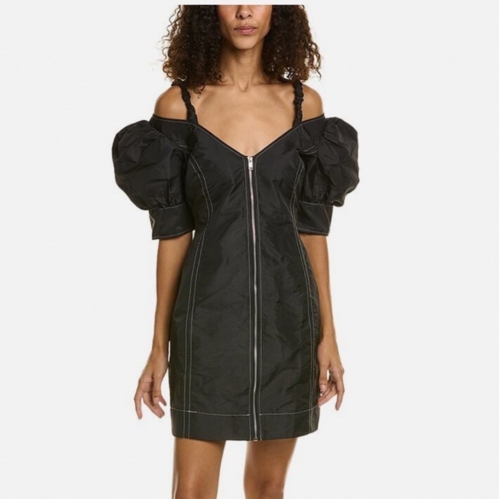 Ganni Black Contrast Stitch Puff Sleeve OffShoulder Zip Front Mini Dress 38 US 6